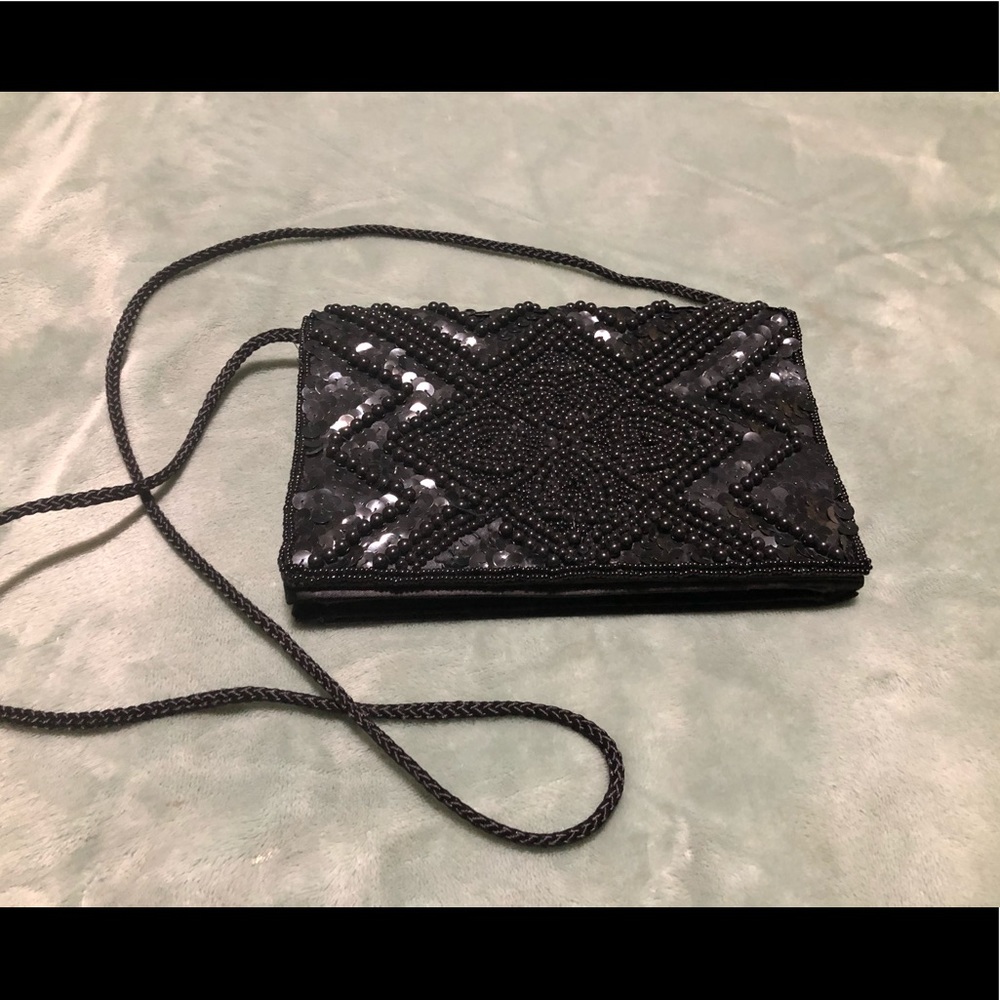 Black satin beaded evening bag